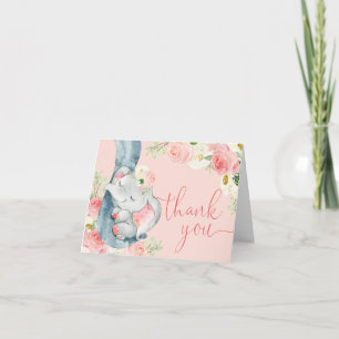 Carte De Remerciements Baby éléphant crème rose aquarelles florales