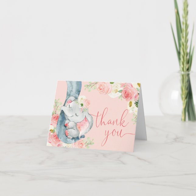 Carte De Remerciements Baby éléphant crème rose aquarelles florales (Devant)
