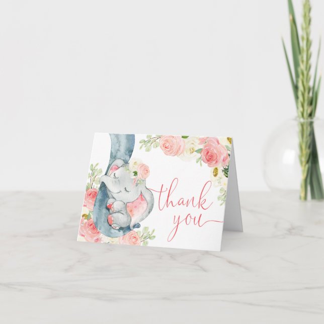 Carte De Remerciements Baby éléphant crème rose aquarelles florales (Devant)