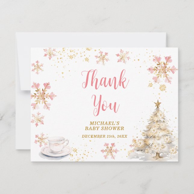 Carte De Remerciements Baby Is Brewing Pink Winter Tea Party Baby Shower (Devant)