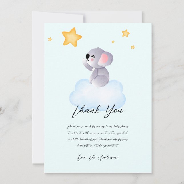 Carte De Remerciements Baby Koala Attend Pour Le Baby shower Étoile (Devant)