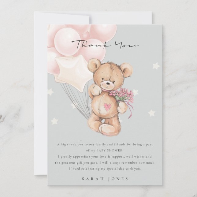 Carte De Remerciements Baby shower à ballon d'attente avant l'ours gris (Devant)