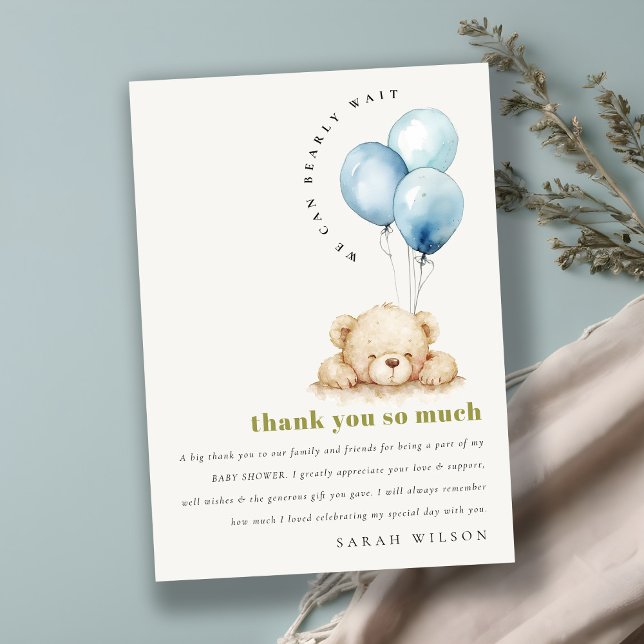 Carte De Remerciements Baby shower à ballon d'attente bleu minimal (Créateur téléchargé)