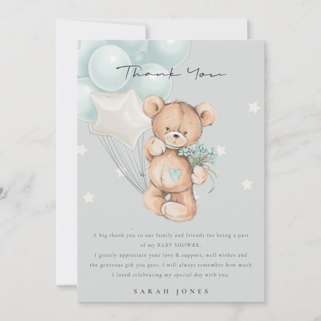 Carte De Remerciements Baby shower à ballon d'attente gris bleu ours (Devant)
