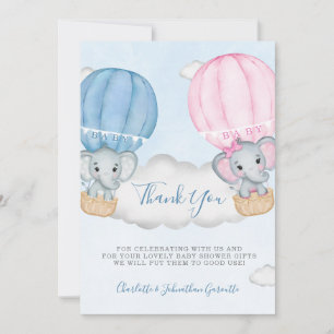 Carte De Remerciements Baby shower à ballon éléphant révélateur de genre