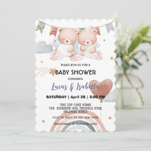 Carte De Remerciements Baby shower à ballon étoilé à ours jumeau mignon