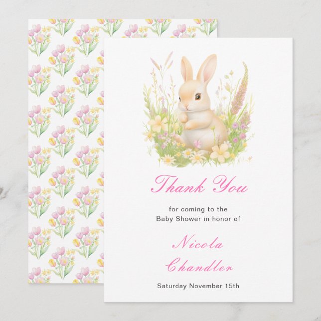 Carte De Remerciements Baby shower à lapin de printemps (Devant / Derrière)