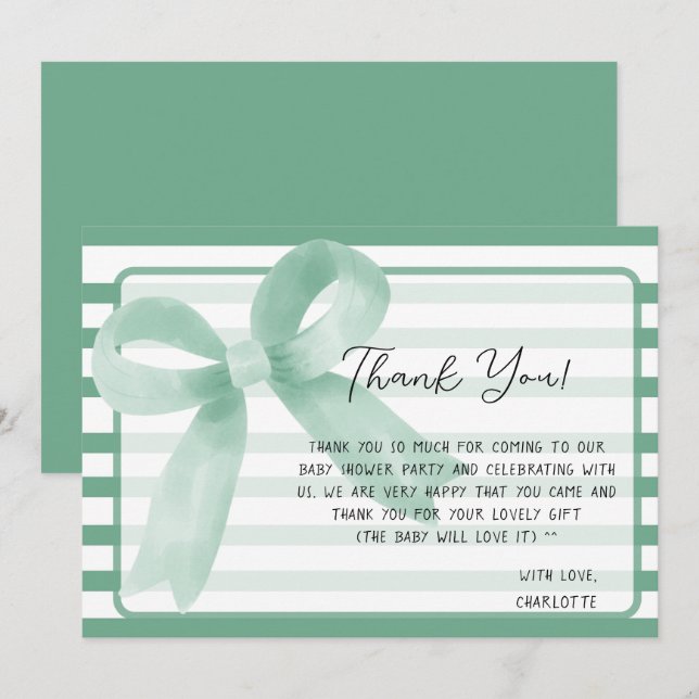Carte De Remerciements Baby shower à mât de menthe d'aquarelle (Devant / Derrière)