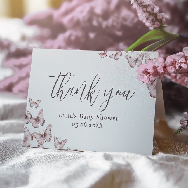 Carte De Remerciements Baby shower à papillon mou et rose plié (Créateur téléchargé)