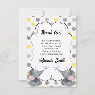 Carte De Remerciements Baby shower à points Polka gris et jaune pour élép