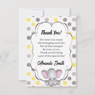 Carte De Remerciements Baby shower à points Polka gris et jaune pour élép