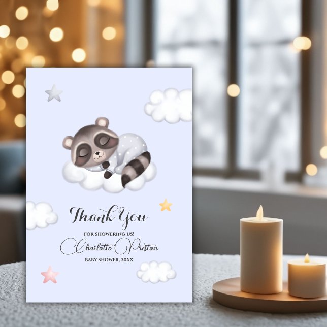 Carte De Remerciements Baby shower à raton laveur doux (Gentle Boy Raccoon Baby Shower Thank You Card)