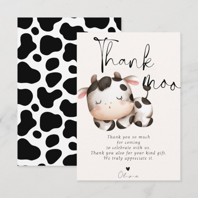 Carte De Remerciements Baby shower à thème de la vache (Devant / Derrière)
