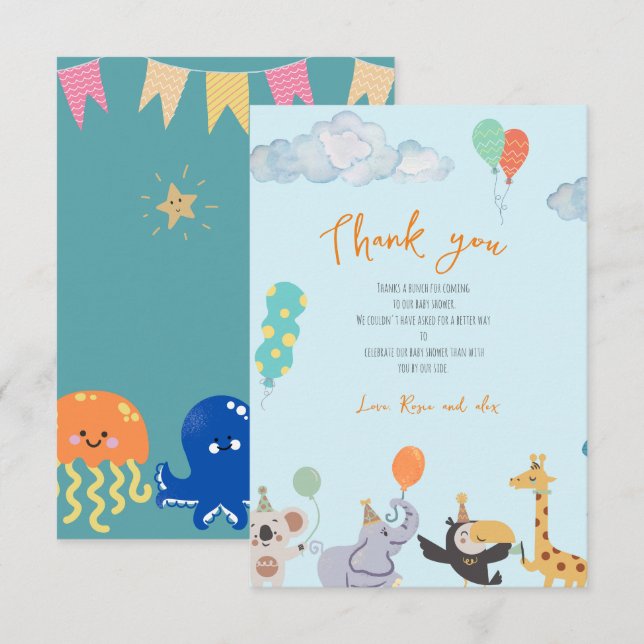 Carte De Remerciements Baby shower animal mou (Devant / Derrière)