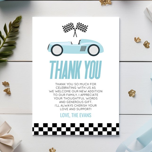 Carte De Remerciements Baby shower automobile Blue Racecar Race (Créateur téléchargé)