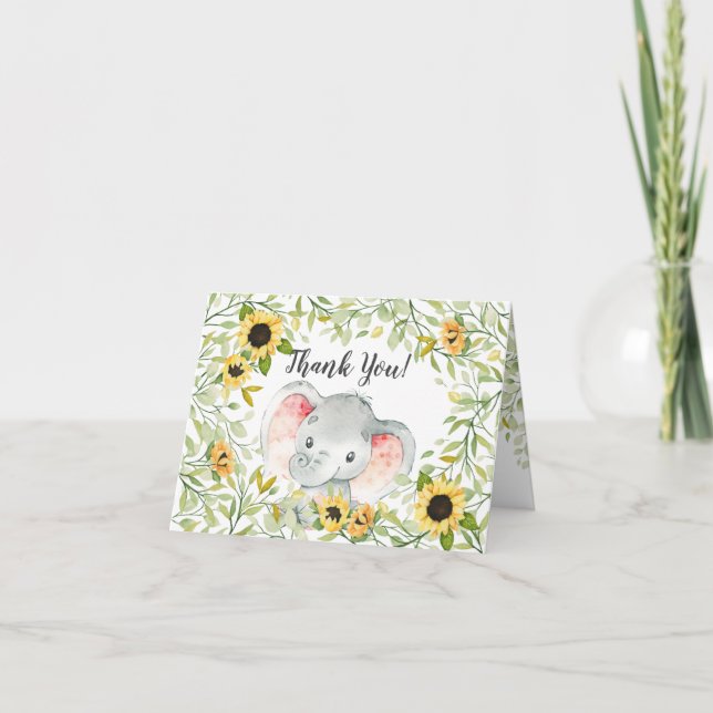 Carte De Remerciements Baby shower Autumn Sunflowers Elephant Girls (Devant)