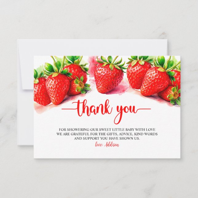 Carte De Remerciements Baby shower aux fraises mignonnes et sucrées (Devant)