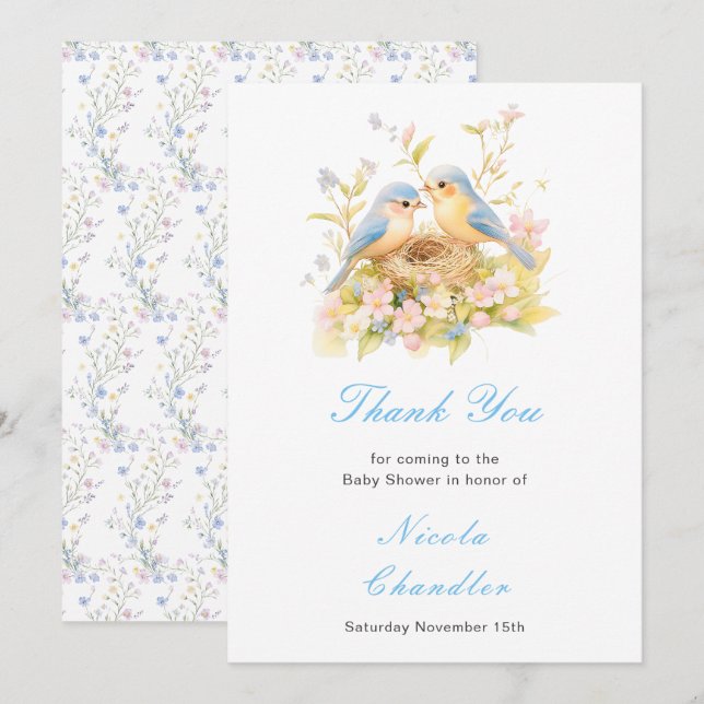 Carte De Remerciements Baby shower aux oiseaux de printemps (Devant / Derrière)