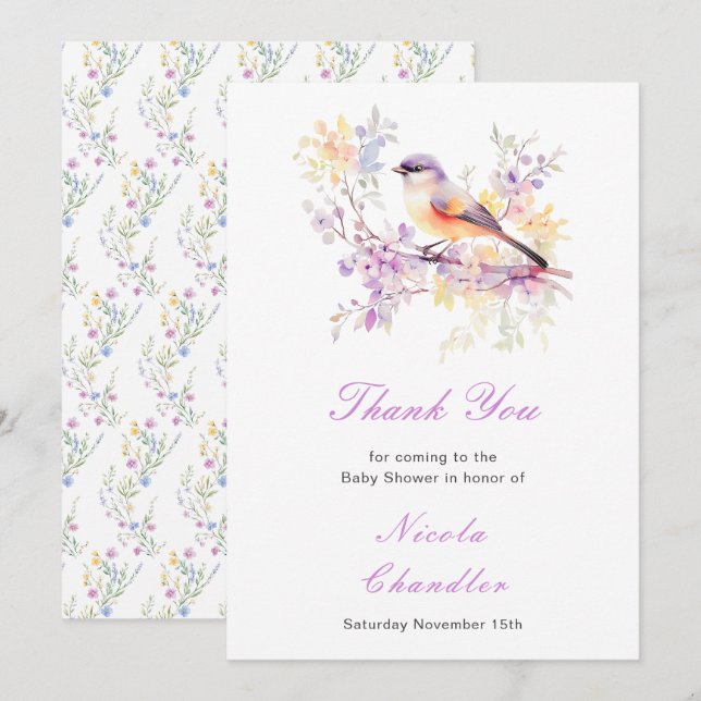 Carte De Remerciements Baby shower aux oiseaux mignons de printemps (Devant / Derrière)