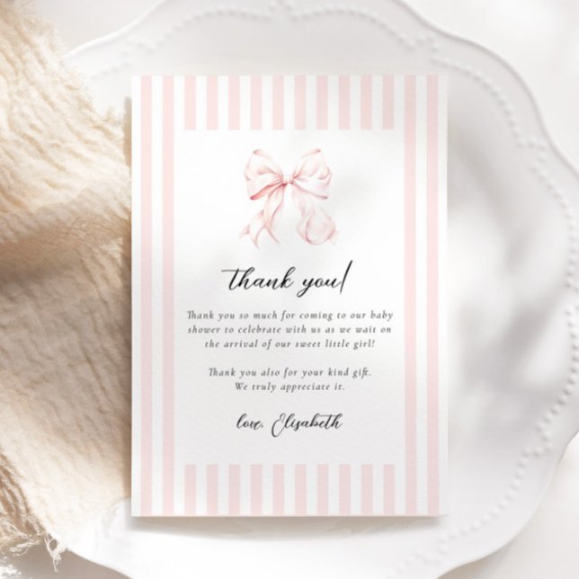 Carte De Remerciements Baby Shower aux rayures roses et nœud (Créateur téléchargé)