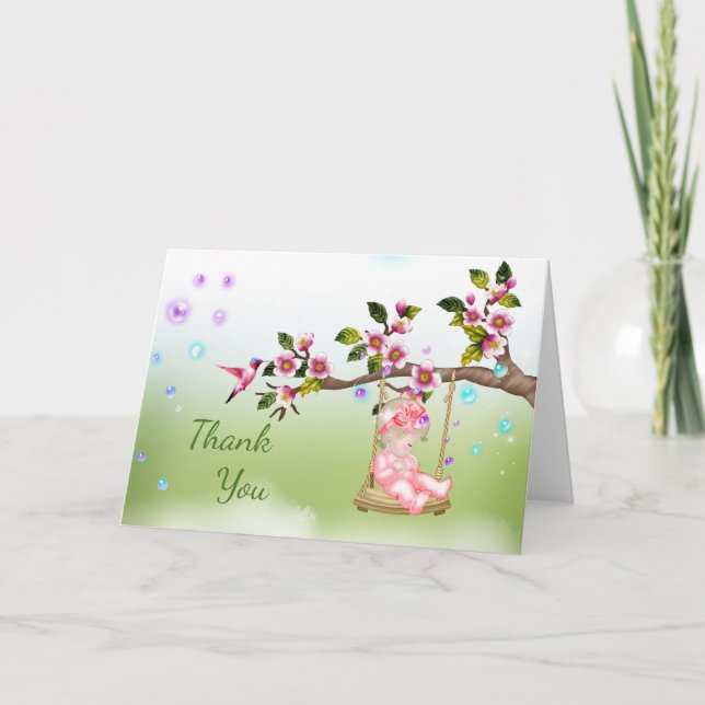Carte de remerciements baby shower avec bébé en ba (Devant)