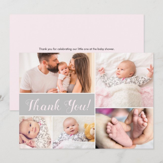 Carte De Remerciements Baby shower avec bébé Photo Collage Gris rose (Devant / Derrière)