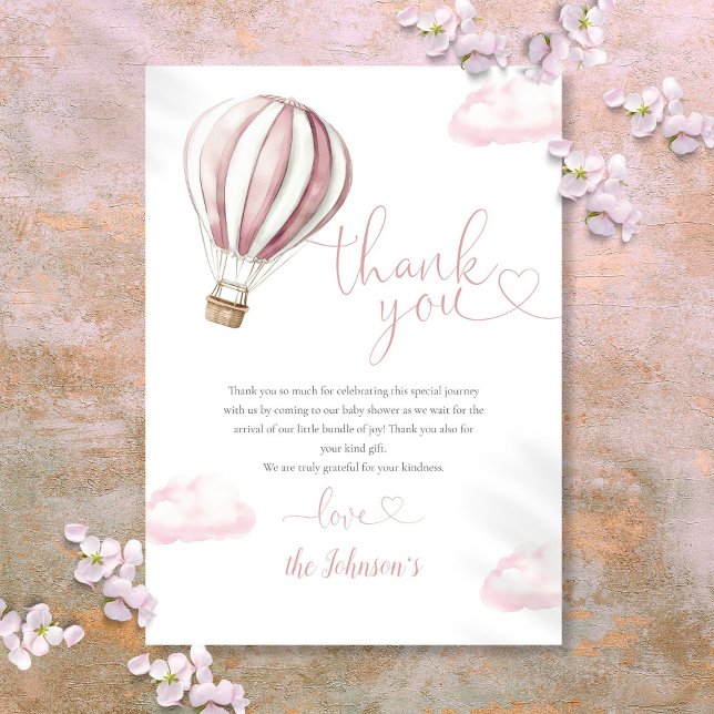 Carte De Remerciements Baby shower Ballons à air chaud rose mou (Cute Pink Hot Air Balloon Baby Shower Thank You Card)
