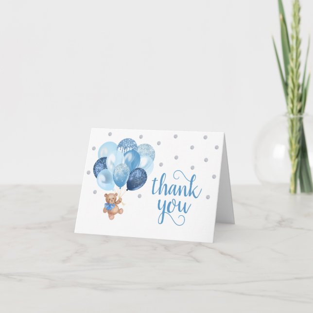 Carte De Remerciements Baby shower Ballons d'argent de l'ours en peluche (Devant)