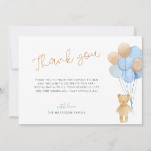 Carte De Remerciements Baby shower Ballons Teddy Bear Blue Tan