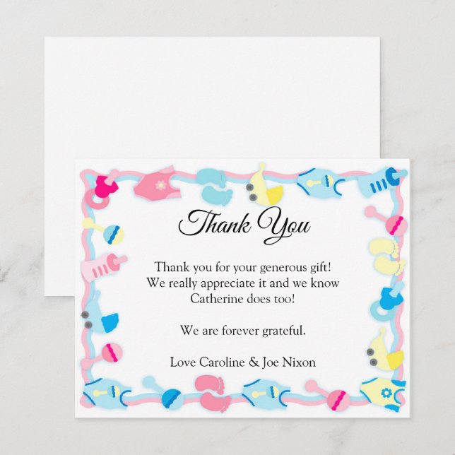 Carte de remerciements Baby shower bébé jouets (Devant / Derrière)