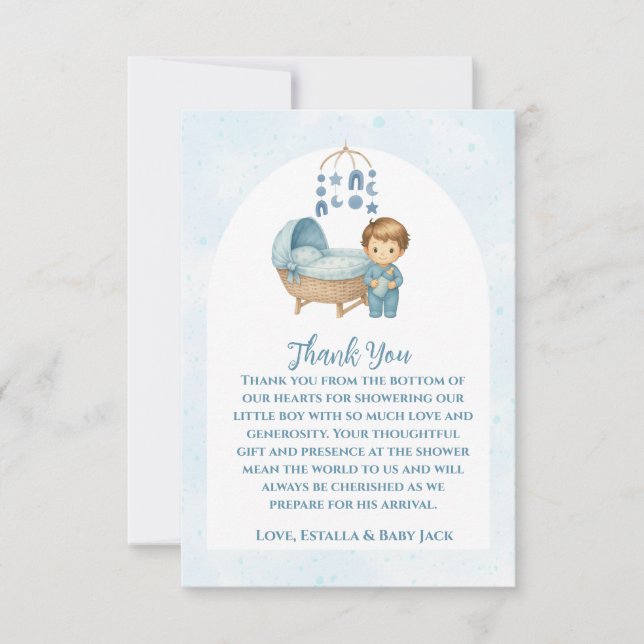 Carte De Remerciements Baby shower bébé mignonne Blue Mobile Lit bébé (Devant)