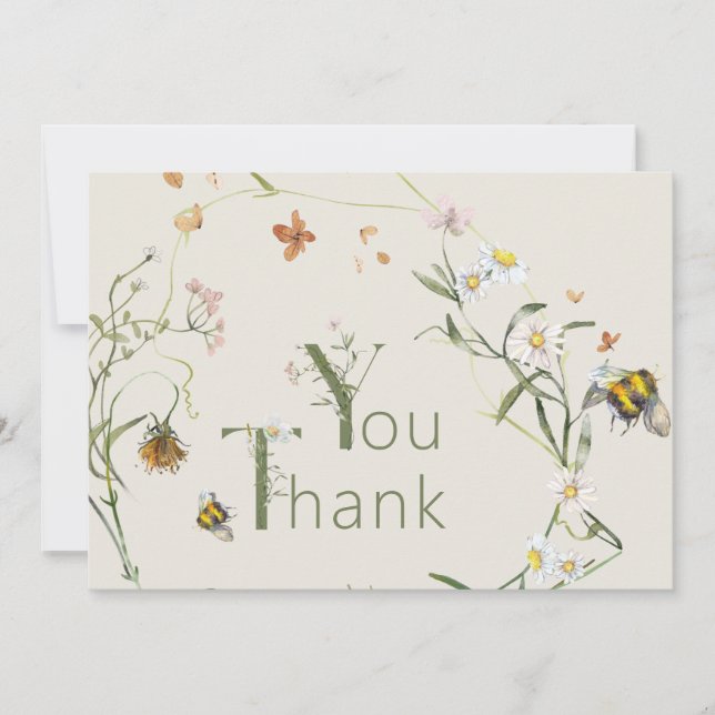 Carte De Remerciements Baby shower beige fleur sauvage (Devant)