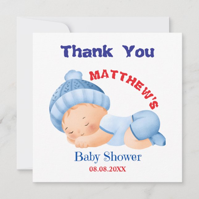 Carte De Remerciements Baby shower bleu, Bébé Garçon Douche (Devant)