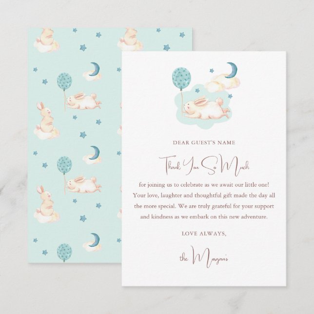 Carte De Remerciements Baby shower bleu Bunny Dreams (Devant / Derrière)