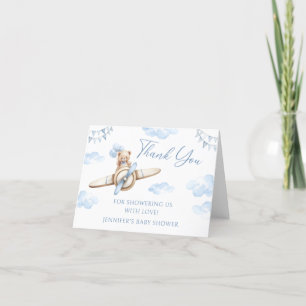 Carte De Remerciements Baby shower Bleu de l'avion mou Teddy Bear Bow