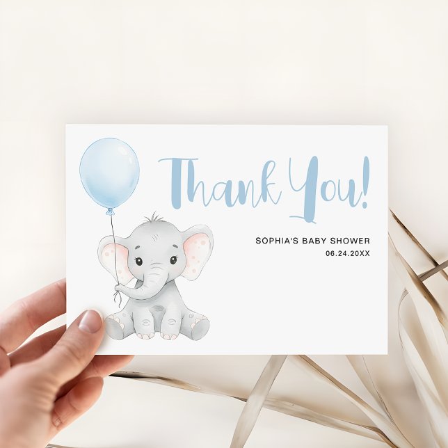 Carte De Remerciements Baby shower bleu doux moderne Eléphant mou (Créateur téléchargé)