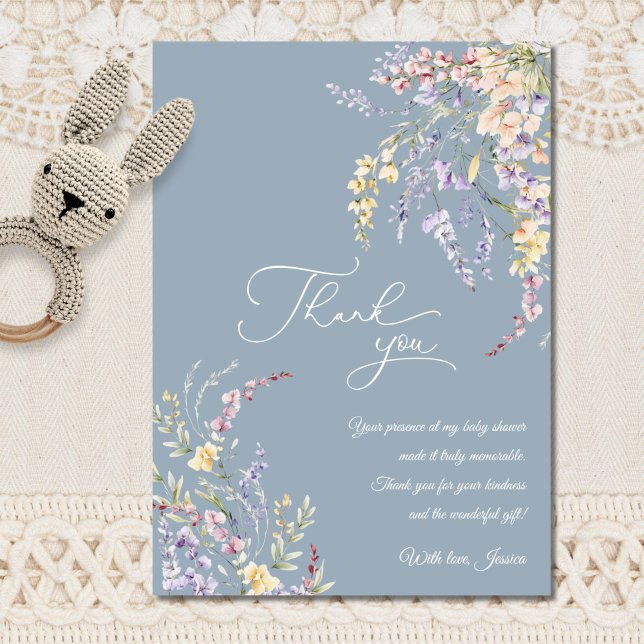 Carte De Remerciements Baby shower bleu Dusty Fleur sauvage aquarelle (Créateur téléchargé)