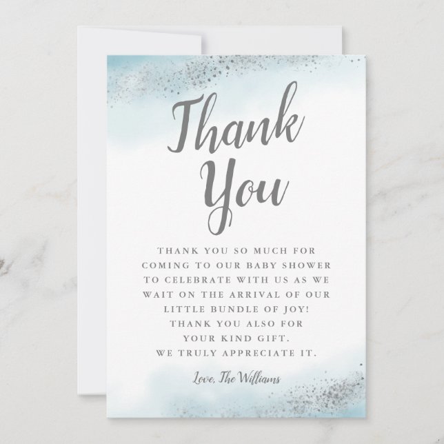 Carte De Remerciements Baby shower bleu et argenté chic de parties (Devant)