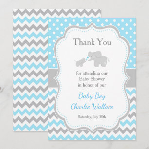 Carte De Remerciements Baby shower bleu et gris éléphant