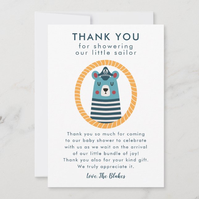 Carte De Remerciements Baby shower bleu nautique d'ours de marin (Devant)