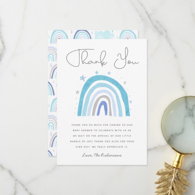 Carte de remerciements Baby shower Blue Rainbow Bo (Devant/Arrière en situation)