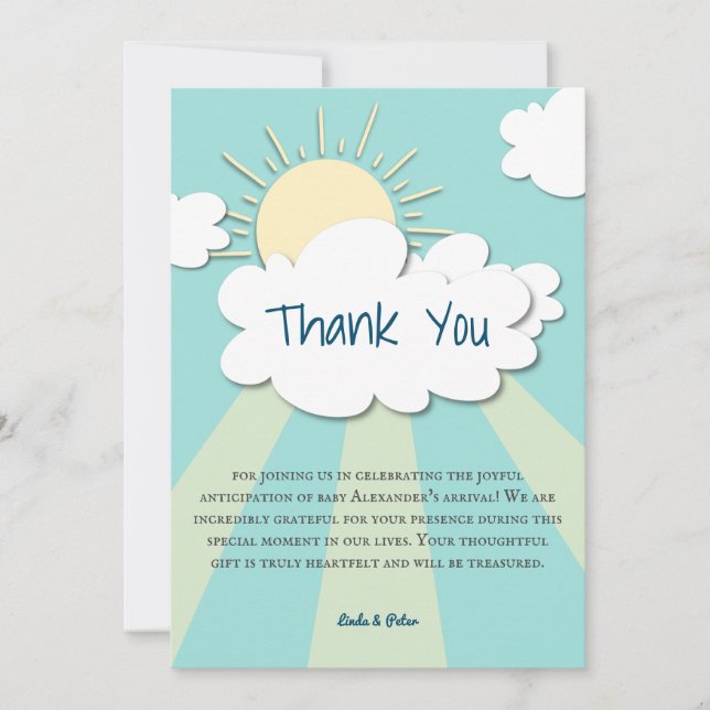 Carte De Remerciements Baby shower Blue Sunshine moderne (Devant)