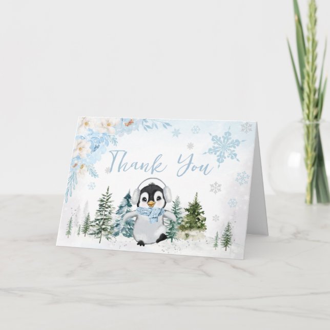 Carte De Remerciements Baby shower Blue Winter Penguin (Devant)