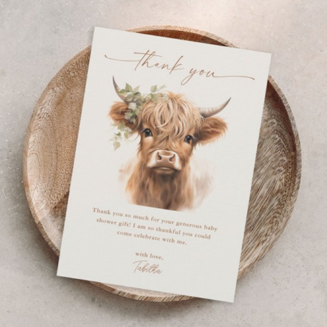 Carte De Remerciements Baby Shower Bohème Vache des Highlands Neutre pour (Boho highland cow baby shower thank you card.)
