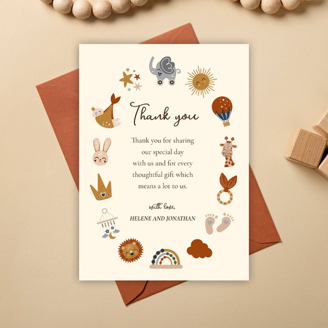 Carte De Remerciements Baby shower Boho neutre et masculin (Cute Gender Neutral Boho Baby Shower Thank You Card)