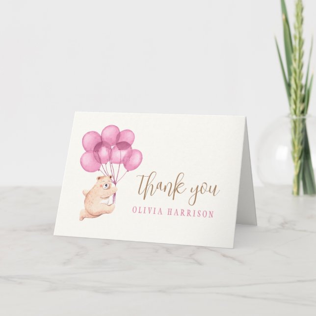 Carte De Remerciements Baby shower Boloon rose Ours Joli (Devant)