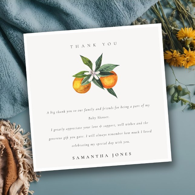 Carte De Remerciements Baby shower botanique minimal d'agrumes orange (Créateur téléchargé)