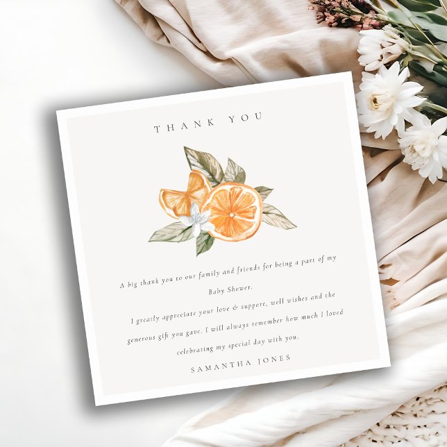 Carte De Remerciements Baby shower botanique minimal d'agrumes orange (Créateur téléchargé)