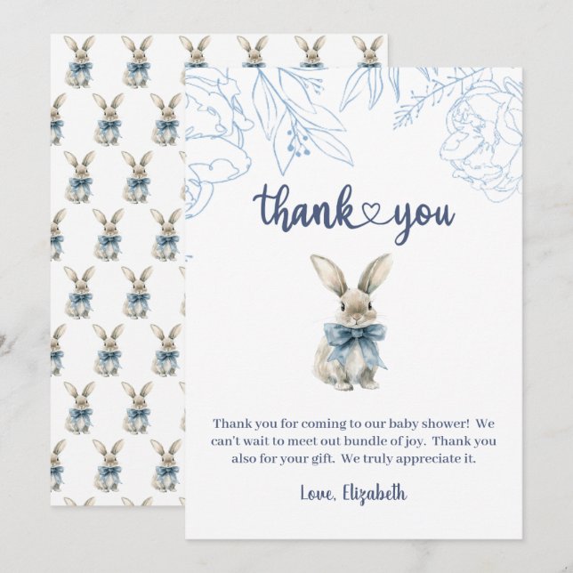 Carte De Remerciements Baby shower Bunny bleu (Devant / Derrière)