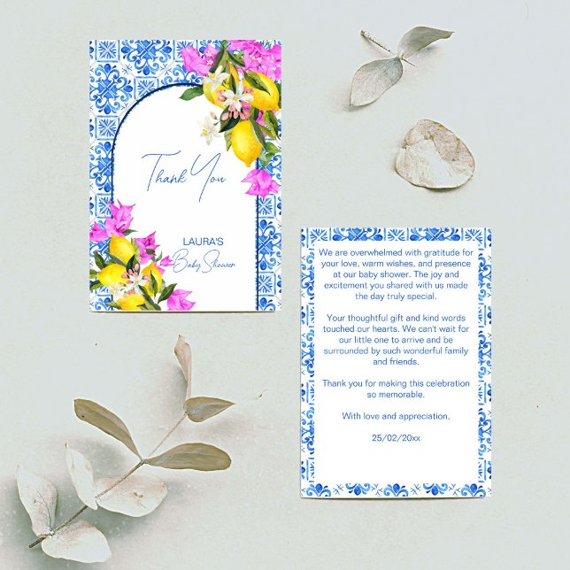 Carte De Remerciements Baby shower Carrelage bleu Citrons bougainvilliers (Baby Shower Blue Tiles Lemons bougainvillea Mediterranean Italian Greek themed Thank You Card)